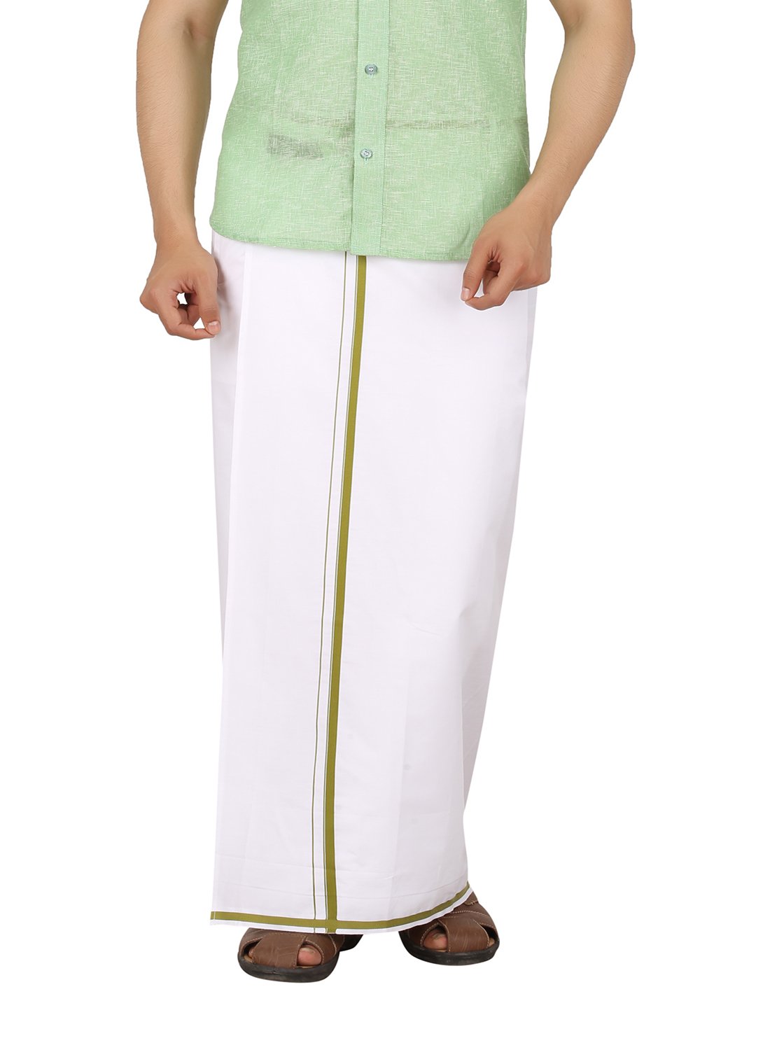 Prakasam Cotton White With Mild Green Border Single Dhoti For Men (1.28X2.00 Mtrs)