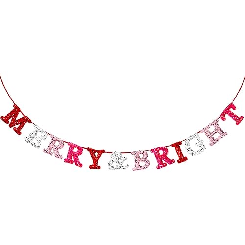Oudain Christmas Square Sequins Merry & Bright Garland 6 ft Pink and Red Glitter Banner Merry Christmas Bunting, Indoor Decorations for Home Office Party Decorations Supplies