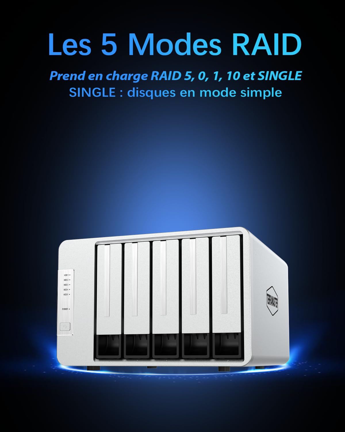 TERRAMASTER D5-310 5 Baies Enclosure HDD - Raid Matériel Prend en Charge Raid 5, 0, 1, 10, Single, JBOD - Stockage Direct Attaché USB 3.1 Type-C - Logiciel de Sauvegarde Inclus (sans Disque)