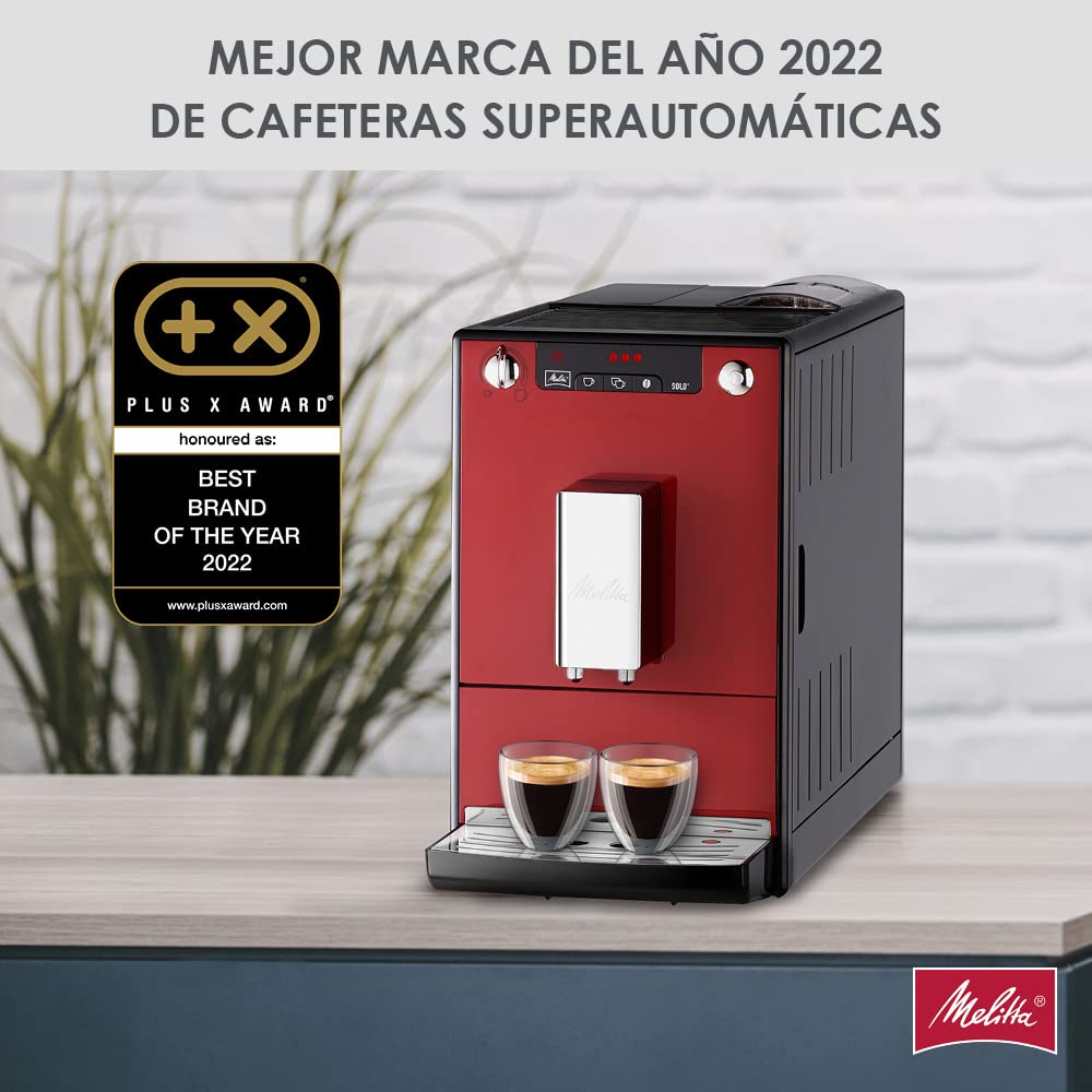 Melitta Solo E950-104, Cafetera Automática con Molinillo, 15 Bares, Café en Grano para Espresso, Limpieza Automática, Personalizable, Rojo