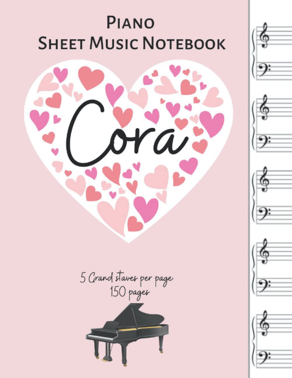 Cahier de musique pour piano Cora : partition vierge de 150 pages avec 5 grandes portées