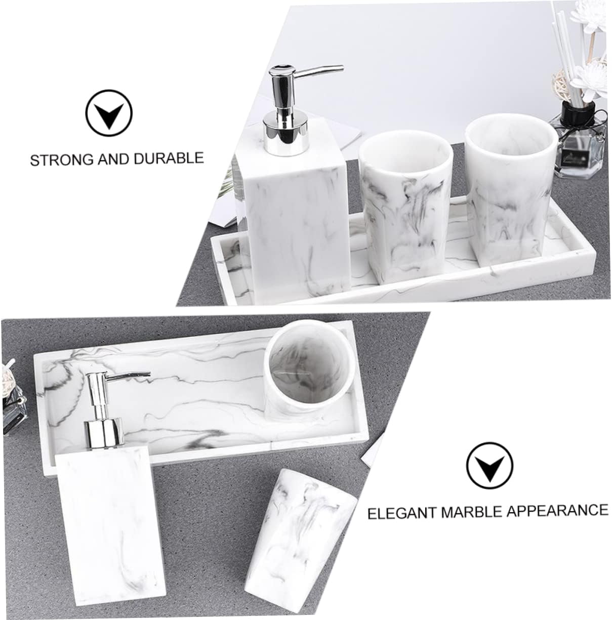 LIFKOME 1set Resin Marble Wash Set Countertop Soap Dispenser Tray Set Cups for Kitchen Bathroom