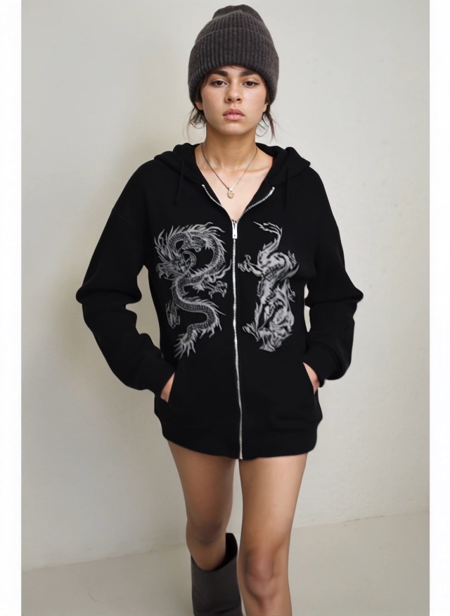Aobiono Women Men Y2K Zip Up Oversized Hoodie Gothic Dragon