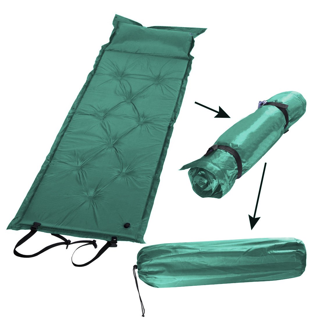 2 inch Thicker Portable Folded Self-Inflating Camping Sleeping Mattress Pad Attached Pillow, (Green) - Free Carry Bag Included