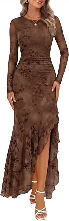 MEROKEETY Women's Floral Velvet Mesh Long-Sleeve Maxi Dress
