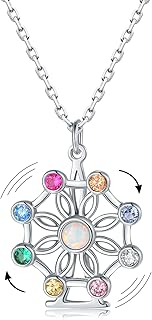 Silver Spinner Ferris Wheel Necklace - 925 Sterling Silver Romantic Fidget Anxiety Ferris Wheel Jewelry Necklaces for Women, Christmas Gifts Dainty Multi Gemstone Ferris Wheel Opal Necklace for Girls