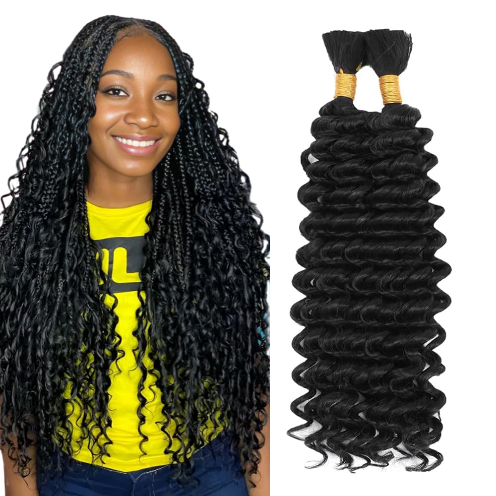 Gsoroel Deep Wave Human Braiding Hair #1B Natural Black Color Weave 2 Bundles Total 100g Unprocessed No Weft Boho Braids Human Hair Extensions 20 20 Inch