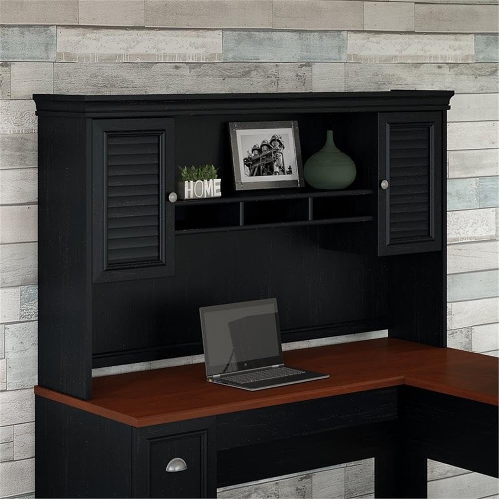 Pemberly Row 60" W Hutch for L-Shaped Desk, Engineered Wood, Antique Black Finish, Closed Storage with Louvered Doors, Open Cubby Shelves, Wire Management, Office Use