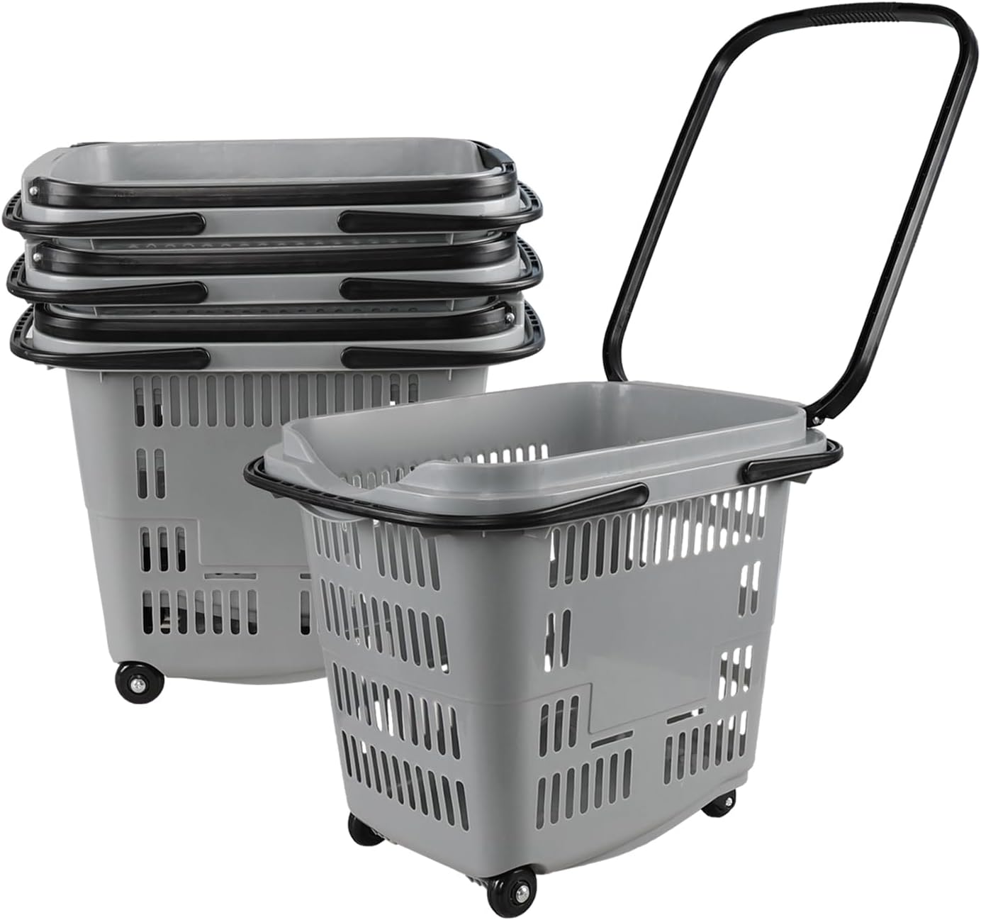 4-Pack Large Wheeled Shopping Basket with Carry Handle, 50 L Plastic Grocery Shopping Basket Gray