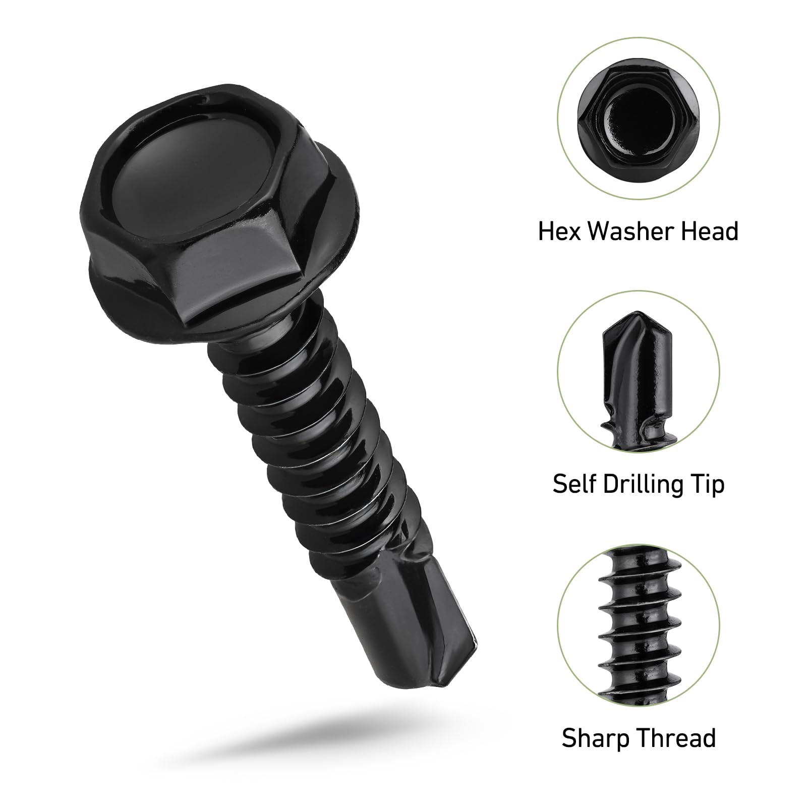 Kit di 121 viti autofilettanti nere in acciaio inox 410, viti autoperforanti per metallo, 5/8" 3/4" 1" 1-1/2", vite esagonale per lamiera