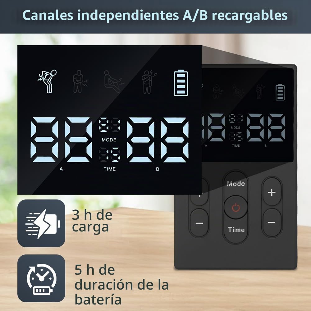 Aolso Electroestimulador Muscular, TENS Doble Canal Estimulador Electrico Recargable con 12 Modos y Función Masaje, Para Aliviar el Dolor Muscular de en la Espalda, Piernas el Cuello y los Hombros