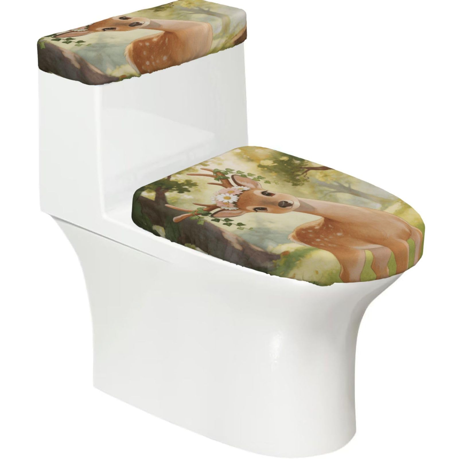 Cntdbu Black Flower Garland Deer Elastic Toilet Cover Set Of 2-Stretchy Lid And Tank Covers For Bathroom, Soft Washable U Shape Toilet Decor