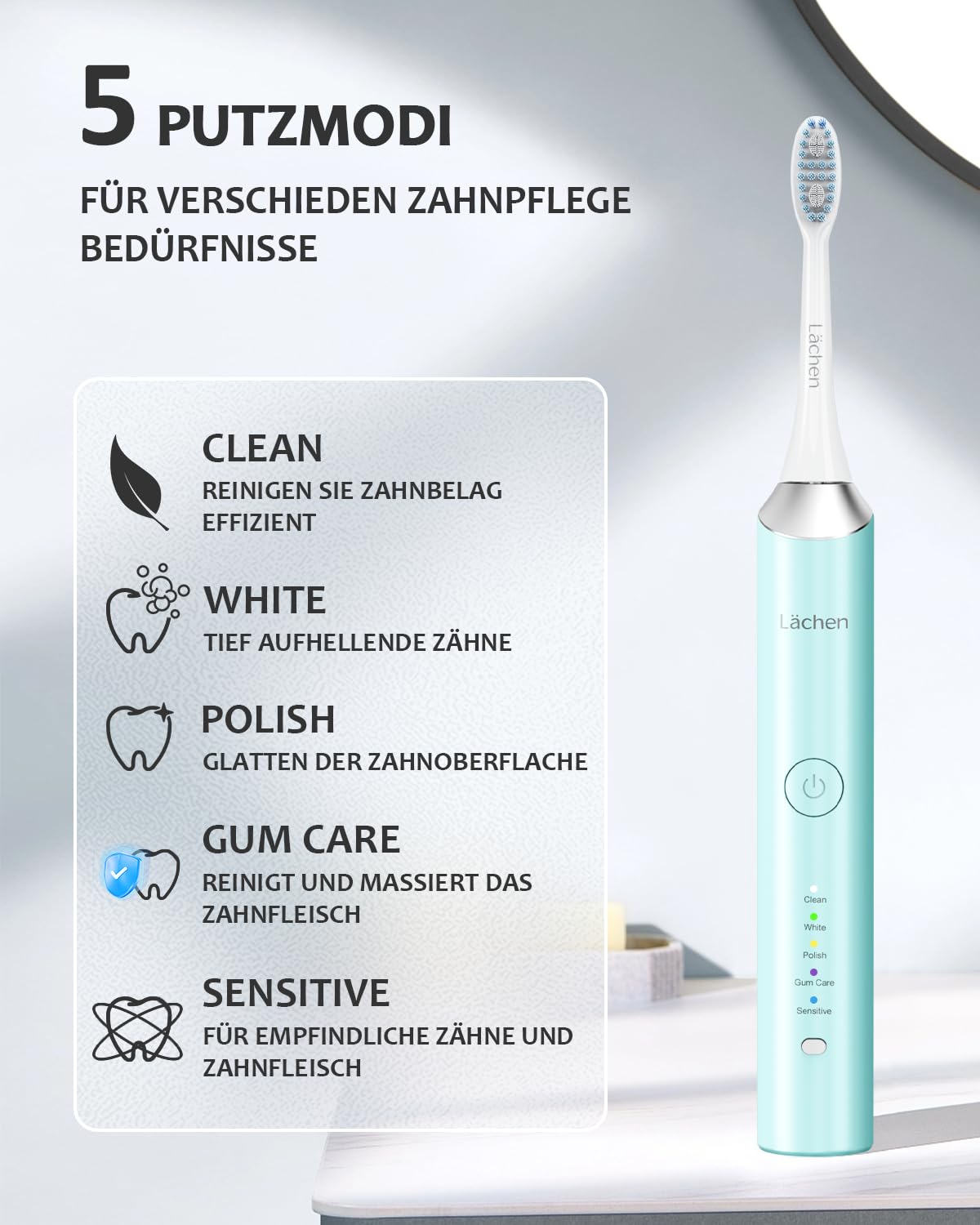 Lächen Cepillo de dientes eléctrico, 5 programas de limpieza con estuche de viaje, 6 cabezales de cepillo de dientes, recargable, IPX7 resistente al agua, cian