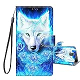 JRIANY Compatible avec Coque Samsung Galaxy S5, Housse en Cuir PU Etui à Rabat Clapet Portefeuille de Protection avec Motif, Porte Carte et Magnétique Coque Silicone Antichoc, Loup Blanc