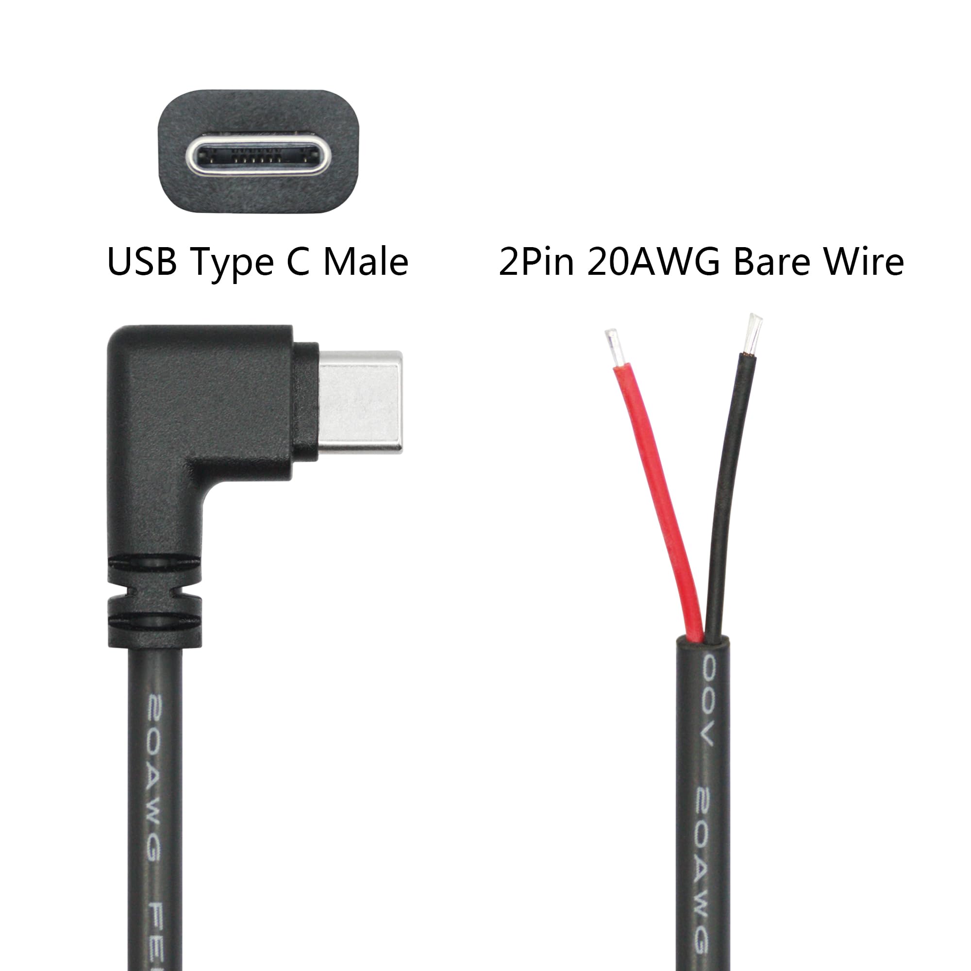 4 cavi di alimentazione da USB C a 2 pin con estremità aperta, 25,4 cm, USB di tipo C maschio a 90 gradi, 2 pin, 20 AWG, 5 V, per apparecchiature di tipo C installate o di ricambio per riparazioni fai