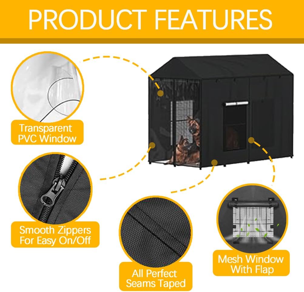 Outdoor Dog Kennel Cover with Roller Shades 600D Heavy-Duty Full Coverage Mesh Windows All Sides Open Universal Windproof UV Resistant Cover Only,Black,6.5×6.5×5.8FT