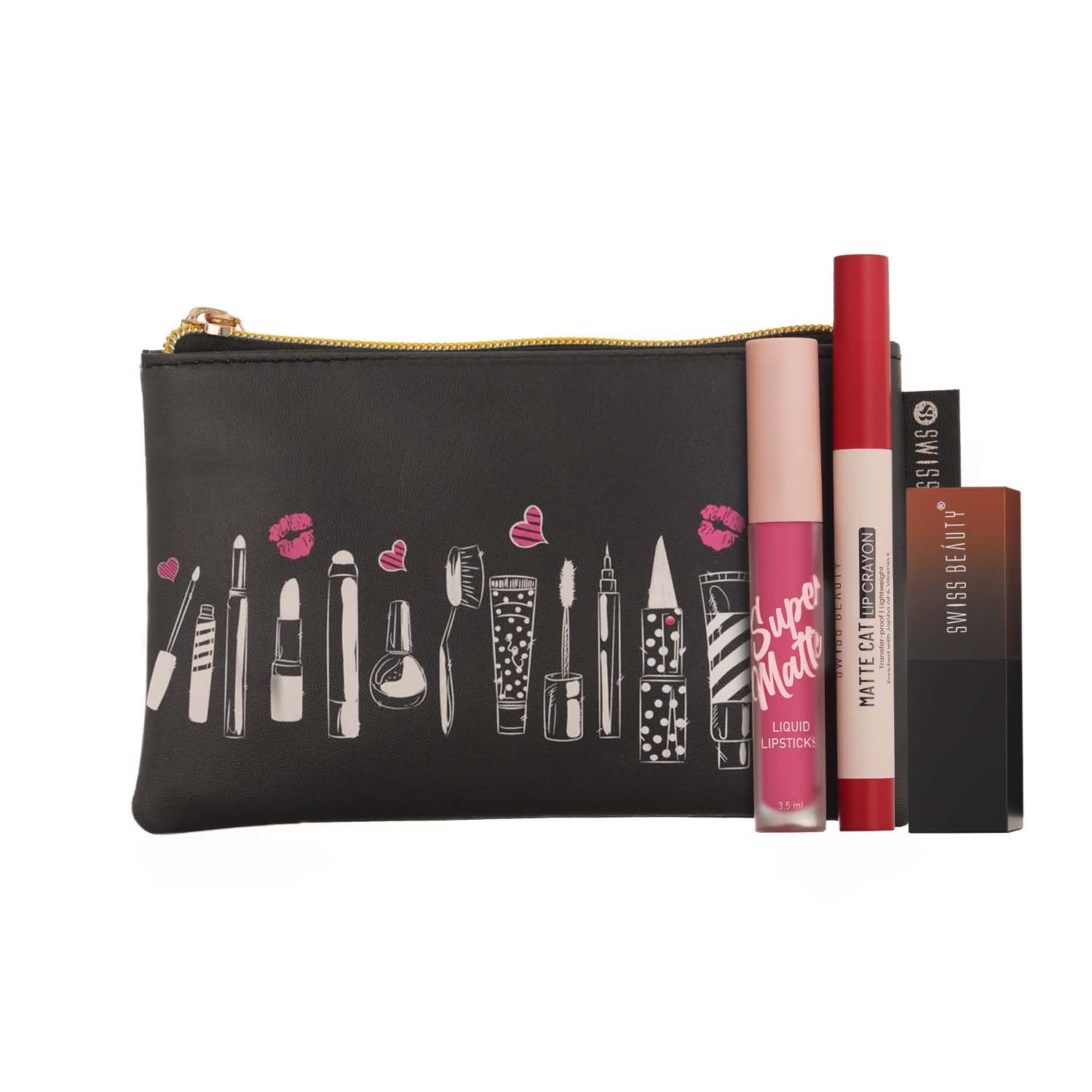 Swiss Beauty Your Lip Outfit Makeup Kit with HD Matte Lipstick, Super Matte Lipstick, Matte Cat Lip Crayon | Highly Pigmented |Long-Lasting |Matte Finish | 8.5gm