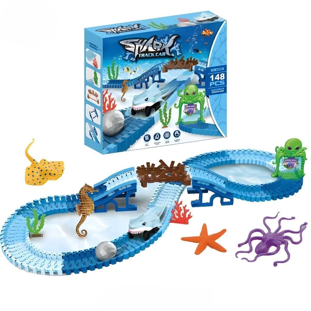 148pcs Flexible Shark Car Racing Track with Car Bridge Ocean Animals Educational Play Set Adventure Car Race Toy Gift for Kids Above 3 Years (Multicolor)-image-3