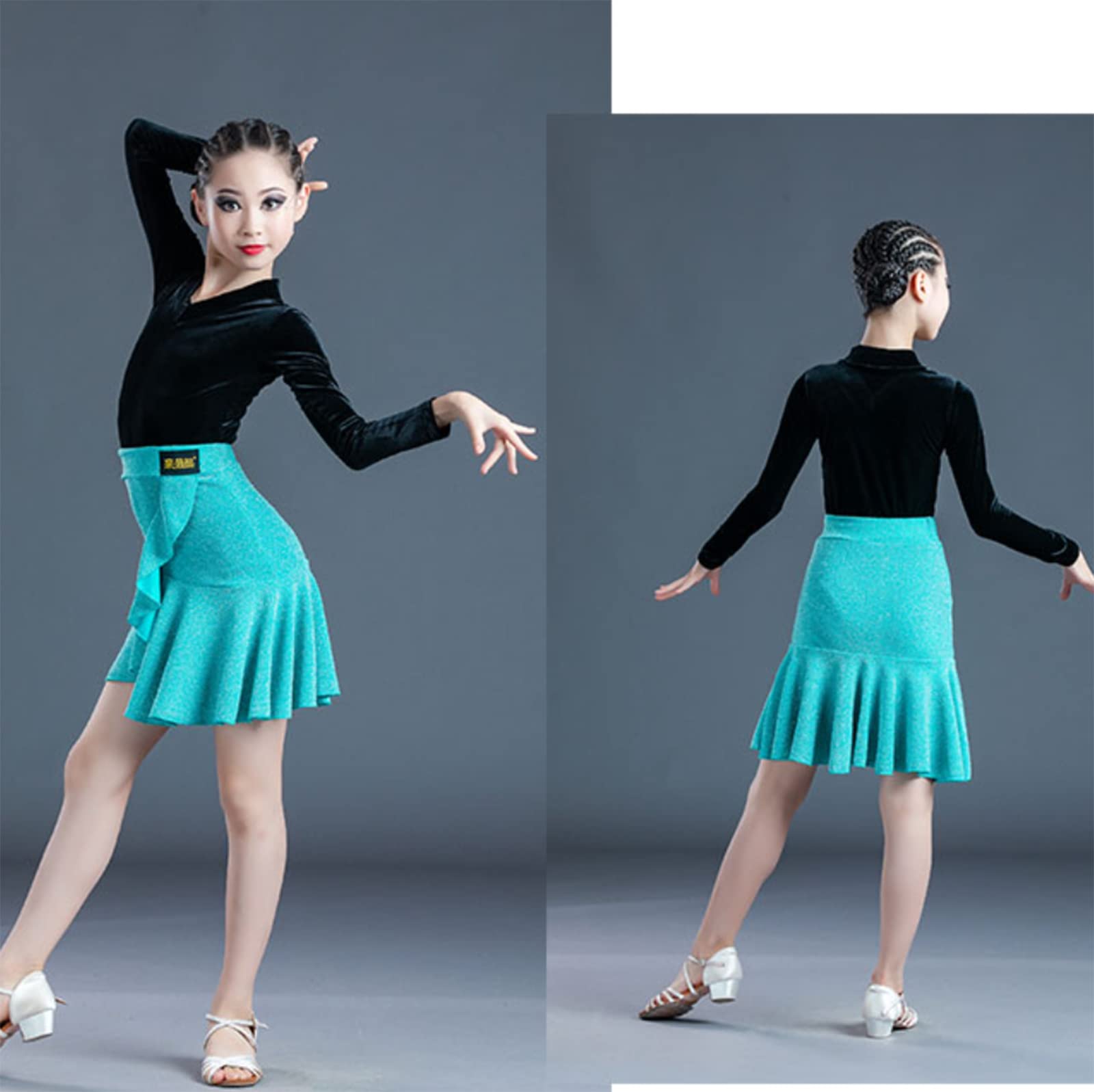 OTMYIGO Latein-Tanzkleid Für Mädchen – Langärmlig, Samt, Zweiteilig, Für Tango, Salsa, Wettbewerb