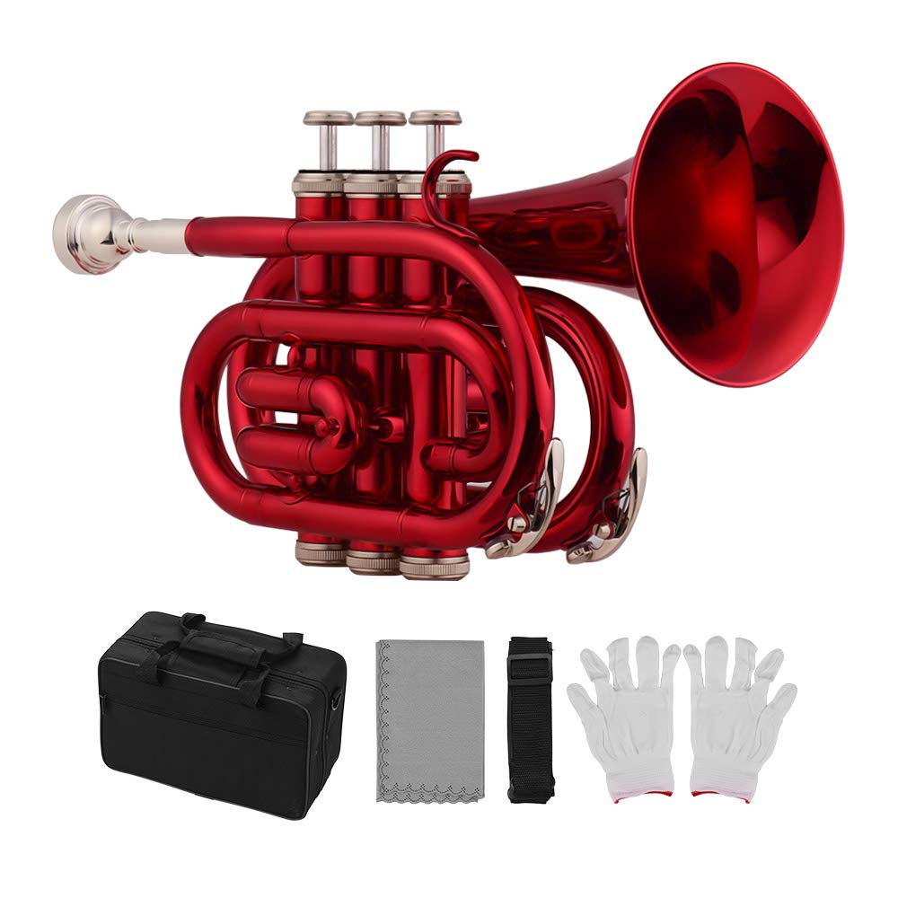 Set di Trombe Tascabili in SIB 5 Trombe a Mano Colorate Opzionali con Custodia, Cinturino, Bianchi, Kit di Pulizia per Studenti e Principianti (Rosso)