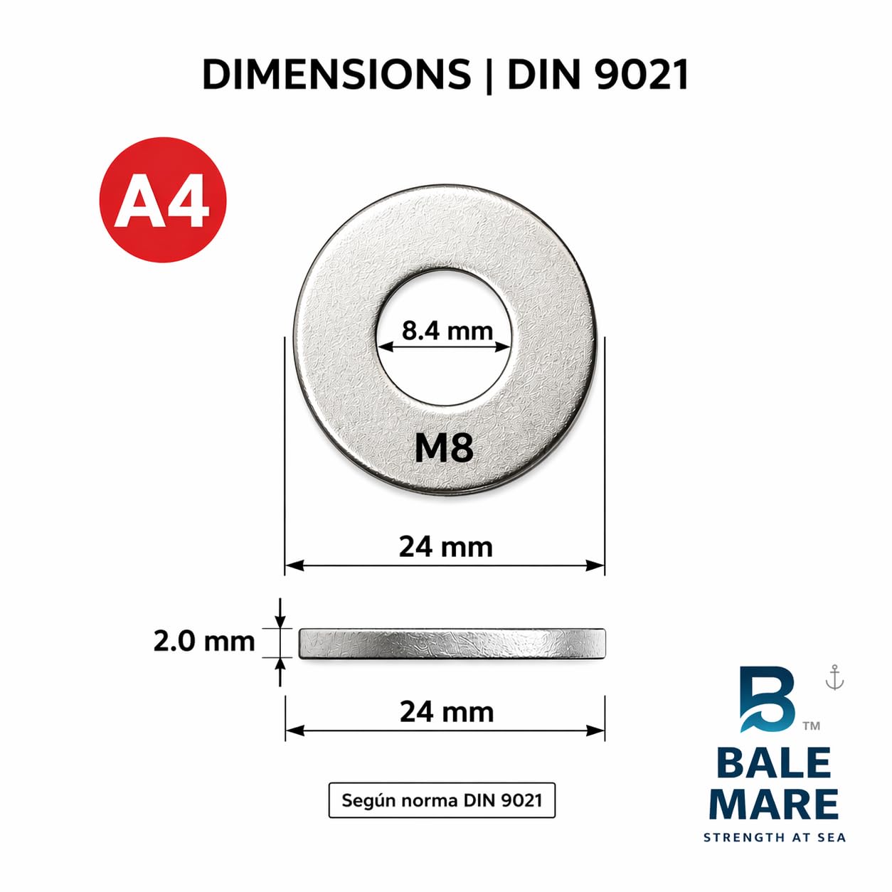 M8 Arandelas DIN 9021 Acero Inoxidable A4 (AISI 316) – 50 Piezas | Arandela Ancha | Compatible con Tornillos DIN 912 y Tuercas DIN 985