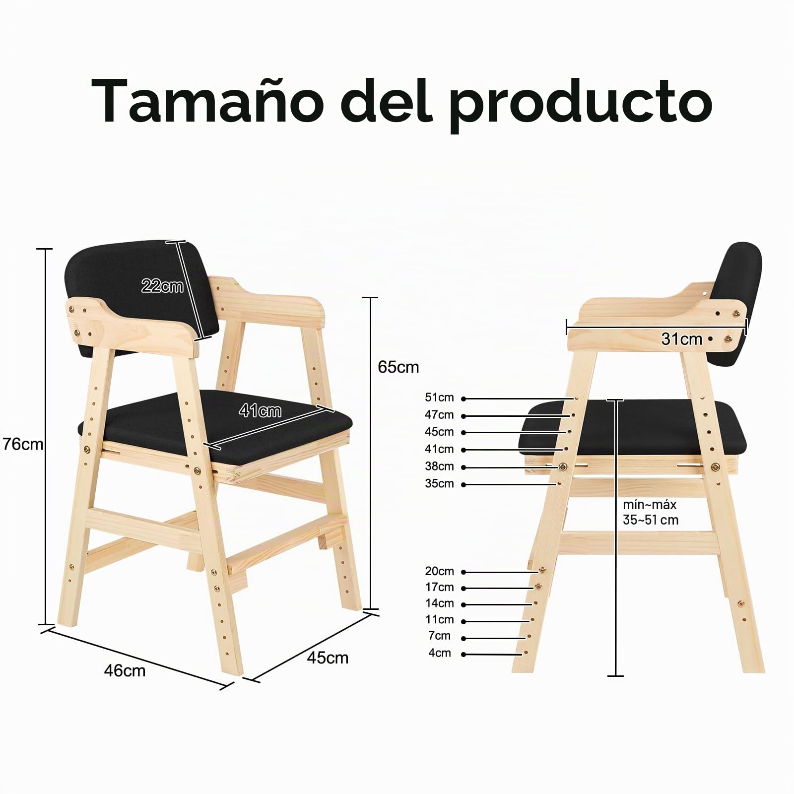 Trona Bebé Evolutiva, desde 6 Meses - 10 Años, hasta 30 kg, Trona de Bebé, Bandeja Extraíble, Asiento y Reposapiés Regulables, Madera Natural (48 x 46 x 78 cm - Negro)