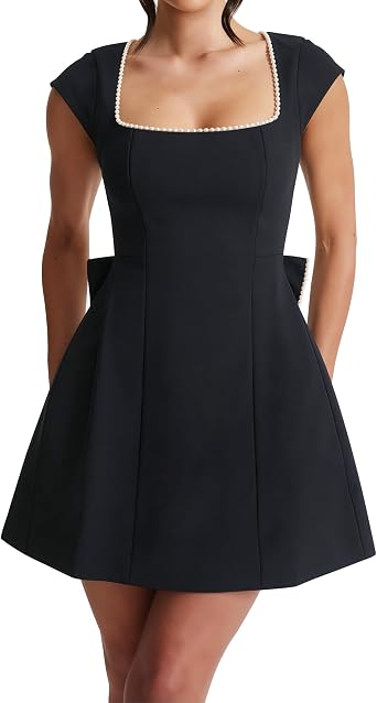 LuFeng Womens Summer Square Neck Cocktail Mini Dress Formal Elegant Cap Sleeve Prom A-Line Pearl Bow Party Club Dress