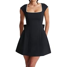 LuFeng Women's Summer Square Neck Cocktail Mini Dress Formal Elegant Cap Sleeve Prom A-Line Pearl Bow Party Club Dress