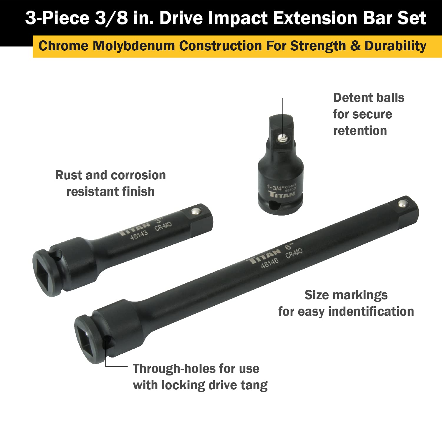 Titan 48140 3-Piece 3/8-Inch Drive Impact Extension Bar Set, Variety Pack - Image 3