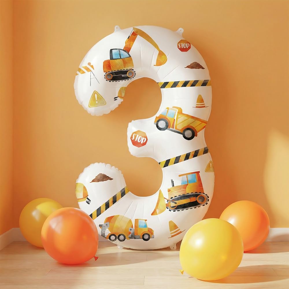 Construction Number 3 Balloon, 32 Inch White Large Foil Balloon with DIY Stickers,Construction Themed birthday Party Decorations for Boys，Excavator Baby Shower Truck