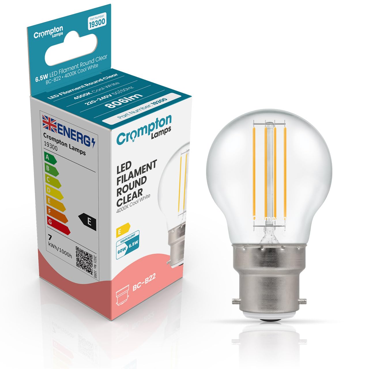 Crompton Lamps Filament Golfball LED Light Bulb BC-B22d | 6.5W = 60W Equivalent | Cool White 4000K | Energy Efficient | Bayonet Lightbulb | Long Life 15,000-Hrs | Clear Glass โ image 1