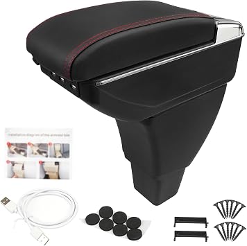 Center Console Armrest Compatible with Scion xB Toyota bB 2004 2005 2006 with 7 USB Port Cup Holder Double Layer Organizer Storage Box Black with Red Line
