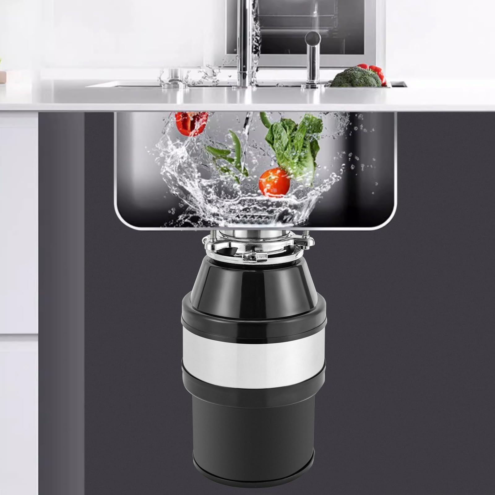 Triturador de basura de cocina continuo para residuos de alimentos, de acero inoxidable, motor extremadamente silencioso e interruptor de aire, trituradora de residuos de alimentos, fregaderos de