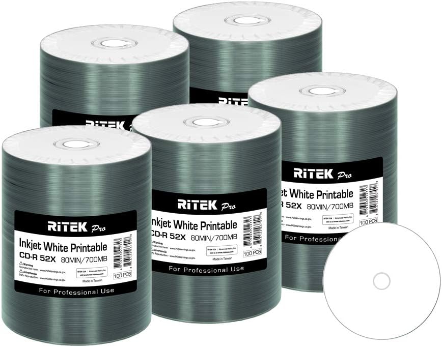 500 Pack Ritek Pro (Professional Grade) CD-R 52X 700MB White Inkjet Hub Printable Blank Media Recordable Disc