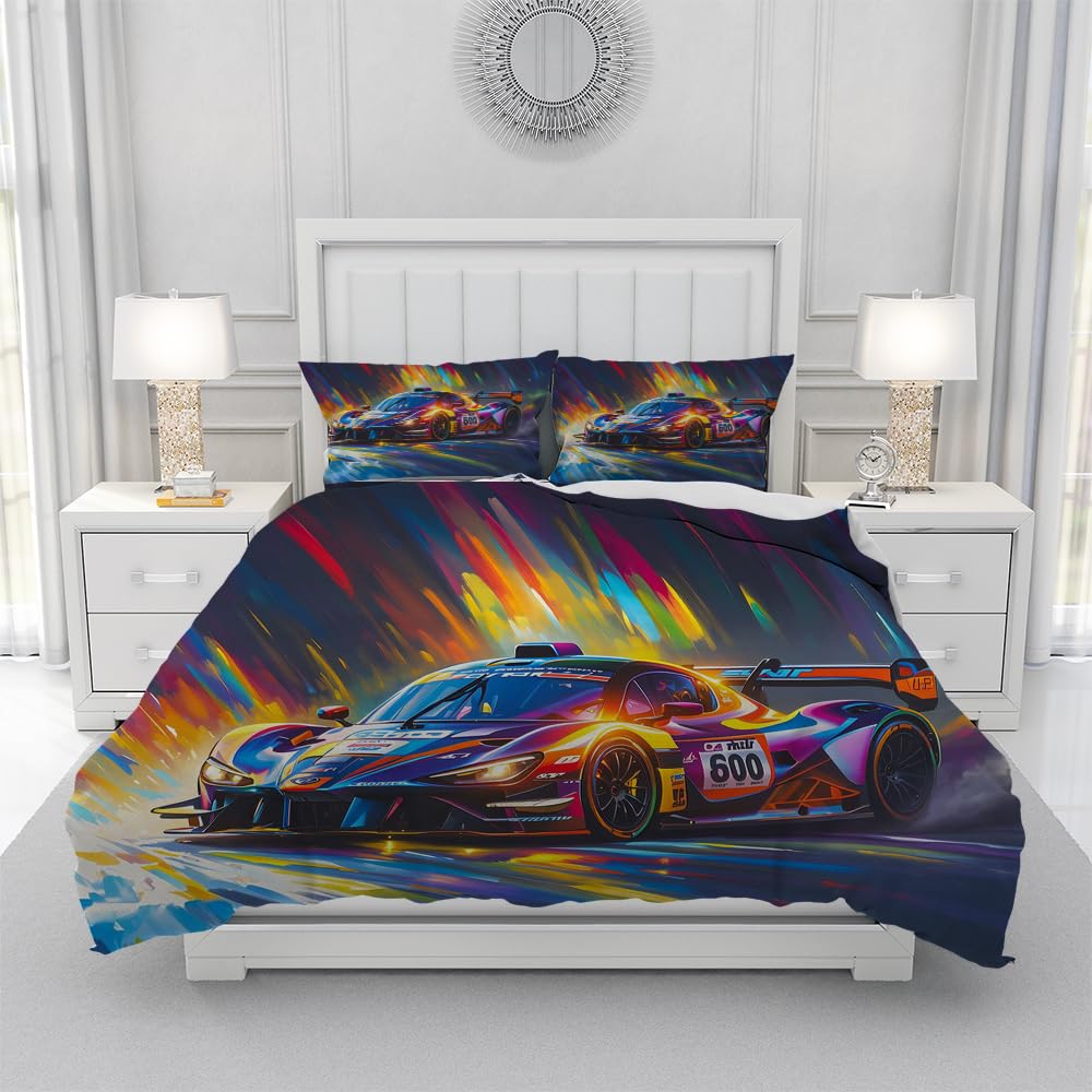 Copripiumino auto da corsa 135 x 200 cm per bambini, set da letto, auto da corsa, sport estremi, copripiumino in microfibra + 2 federe 50 x 75 cm (PC4)