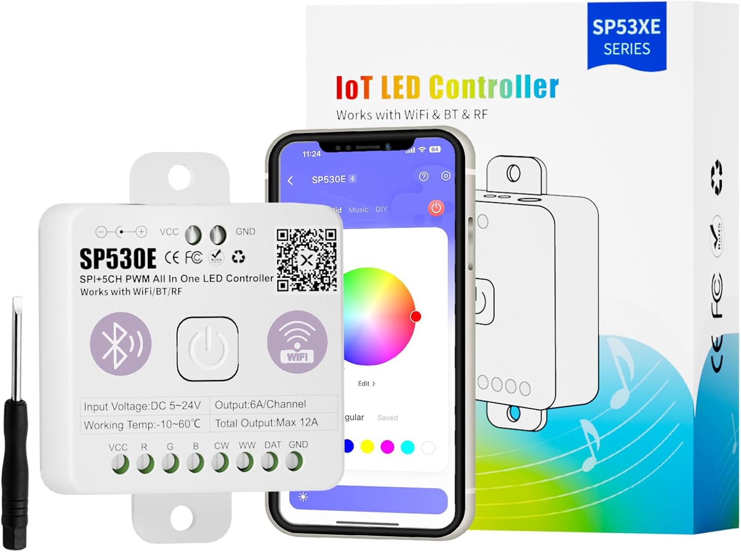 MIWISE LED Controller Smart LED Driver Dimmer WiFi+Bluetooth Dimmable 12-in-1 for PWM+SPI COB/SMD/5050 LED Strip Lights Single Color CCT RGB RGBW RGBCCT Tape Light DC5V 12V 24V,Work with Alexa/Google