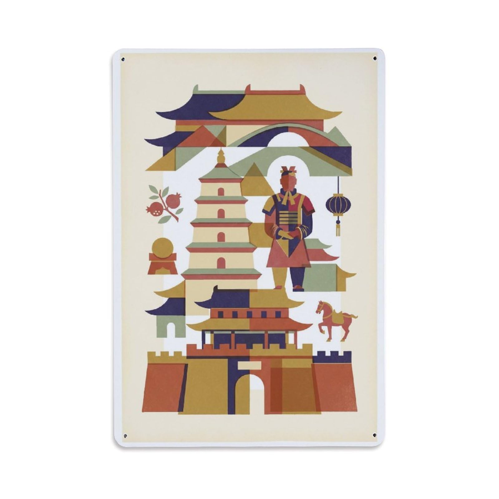 Okngb Style Illustration Xi'an Chinese Travel Cityscape Graphic Metal Tin Sign Plaque Wall Decor For Cafe, Man Cave, Club Bar, Office, Home Garden Round Metal Poster 8X12inch