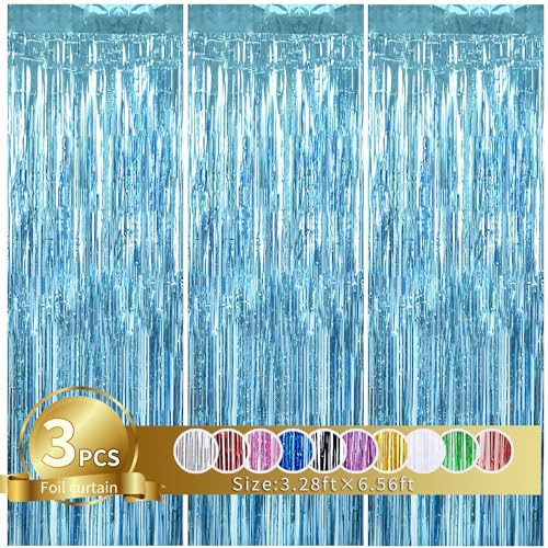 Image of TONIFUL 3Pcs Light Blue Door Streamers,Light Blue Photo Booth Backdrop Metallic Streamers Foil Fringe Curtains for Birthday,Christmas,New Year,Bachelorette,Grad Party Streamers Decor(9.9ft x 6.6ft)