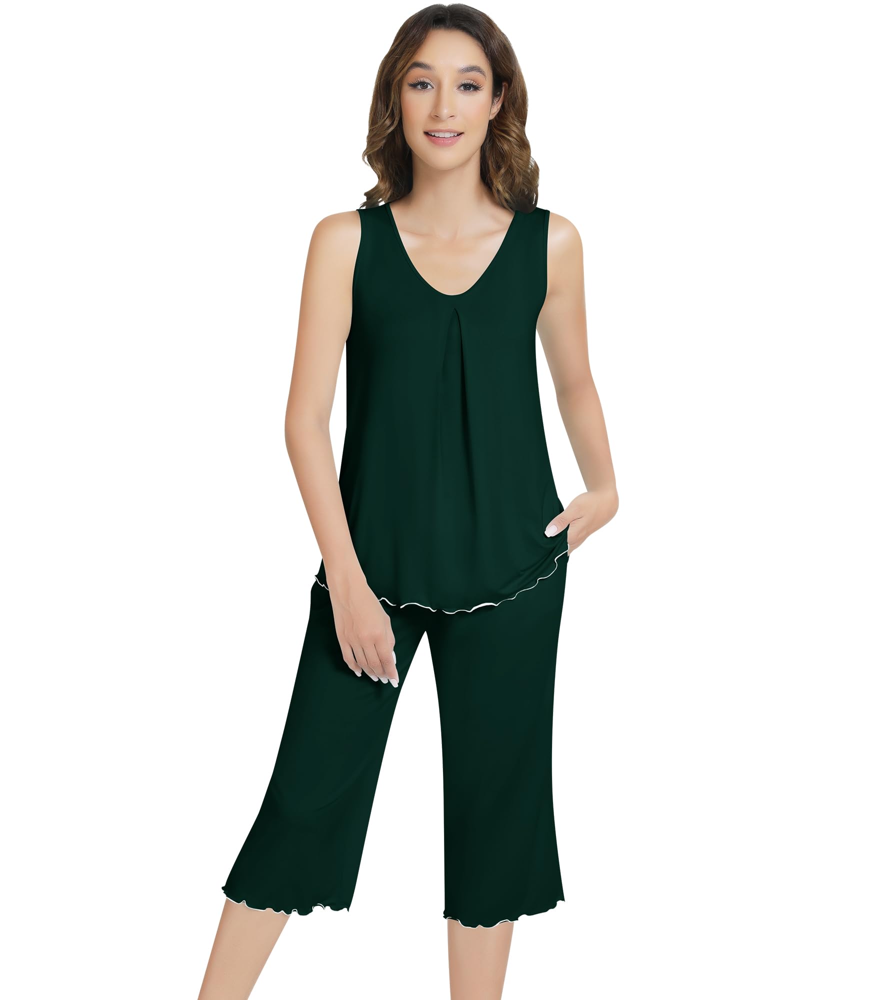 NACHILA Women's Bamboo Viscose Sleeveless Tank Top Pajamas with Capri Pants - Soft & OEKO-TEX Certified