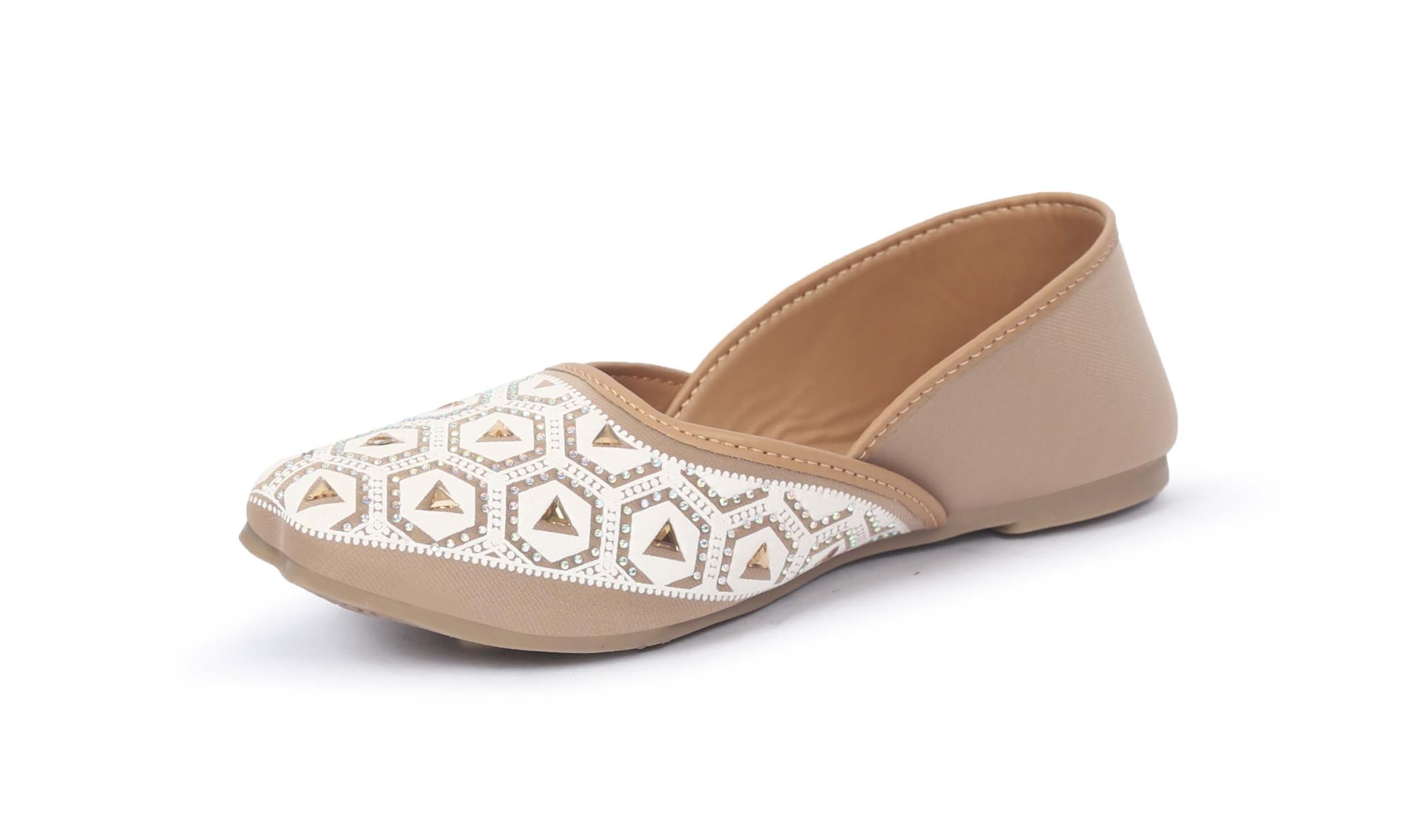 Velacare Women's Embellished Jutti, Beige, Geometric Sequin Work, Ethnic Flat Mojari-image-44