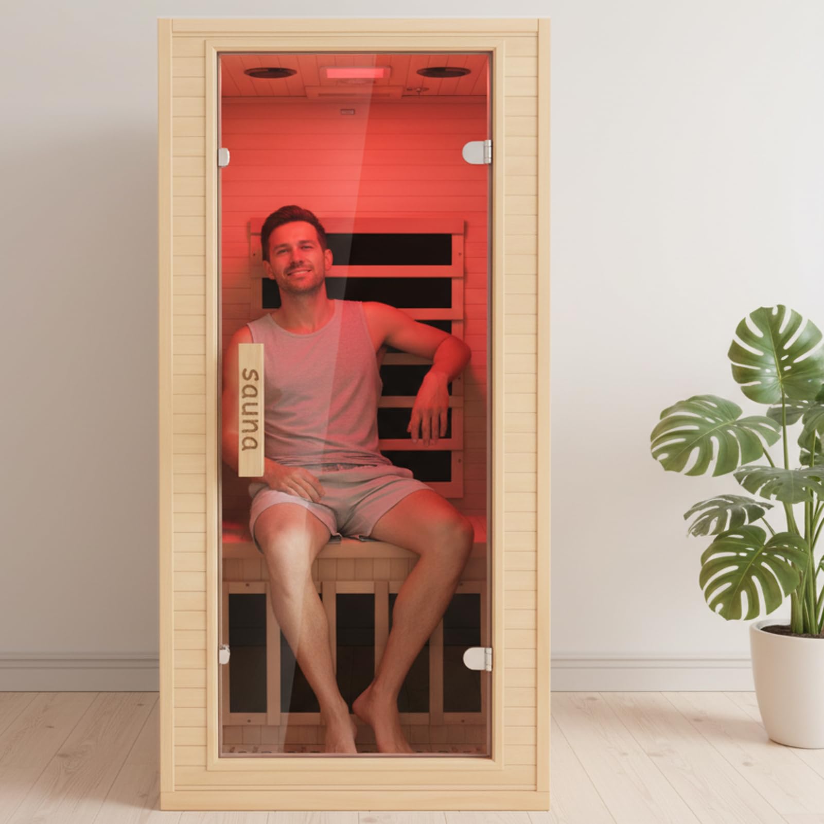 1 Person Infrared Sauna Room - Canadian Hemlock Wood Home Sauna with Bluetooth Speaker & Chromotherapy Light, Suitable for Home Bedrooms or Apartments (32" L x 34" W x 67" H)