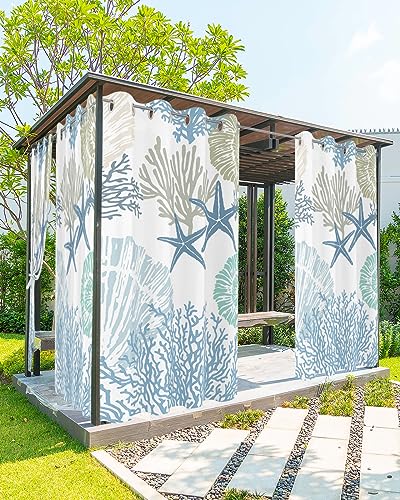 Outdoor Curtains for Patio Waterproof, Nautical Coastal Ocean Coral Outside Curtain 2 Panel, Beach Themed Blue Teal Window Treatment Drapes Privacy Indoor/Outdoor Curtain for Porch Gazebo 54x95