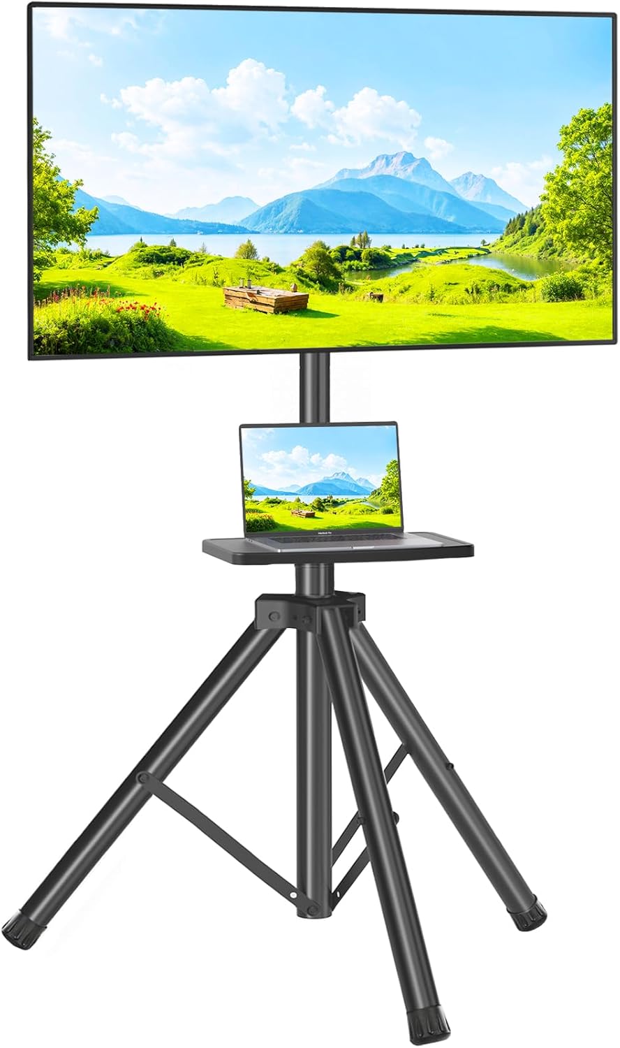 TVON TV Tripod Stand with Shelf for 23-80 inch LED LCD Flat Screen/Curved TVs, Portable TV Stand with ±15° Tilt and Height Adjustment Holds up to 100lbs, Outdoor TV Mount Max VESA 600x400m Black Tripod TV Stand with Shelf