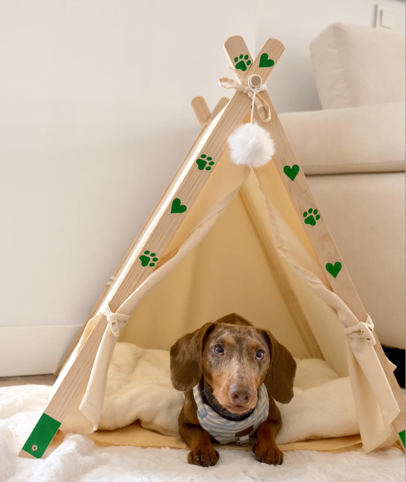 Tipi Lit pour chats et petits chiens – Grotte en bois massif, coton et lin respirant, niche igloo d'intérieur pour animaux de compagnie, chiots, berceau de voyage pliable et portable avec coussin