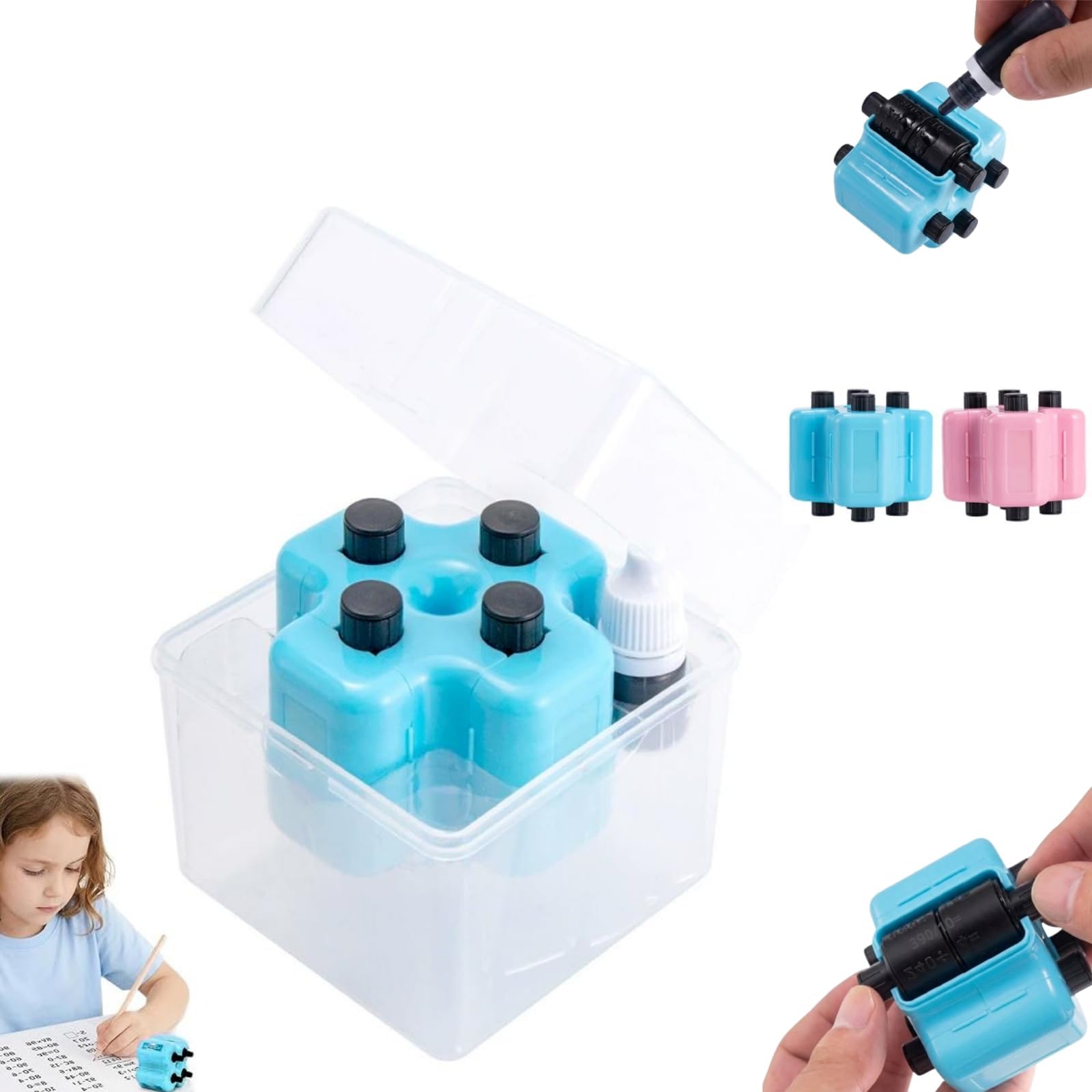 4 in 1 Math Roller Stamp Set - Addition Subtraction Multiplication Division Practice Tool,Roller Randomized Digital Teaching Stamp, Maths Educational Stamps for Preschool & Elementary Learning (Blue)