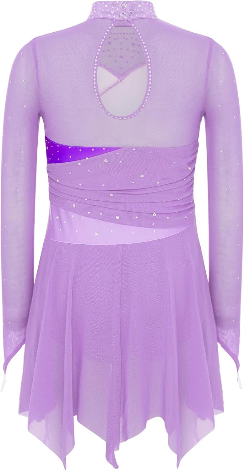 ranrann Kids Girls Figure Ice Skating Dress Long Sleeve Sparkle Ballet Lyrical Dance Leotard Dress for Competition
