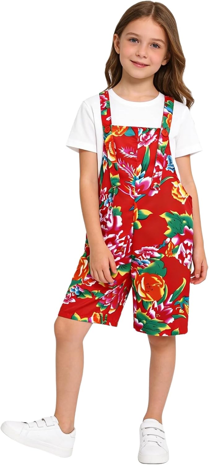 TiaoBug Kids Loose Suspenders Adjustable Strap Bright Floral Pattern Pants Wide Leg Bib Overalls