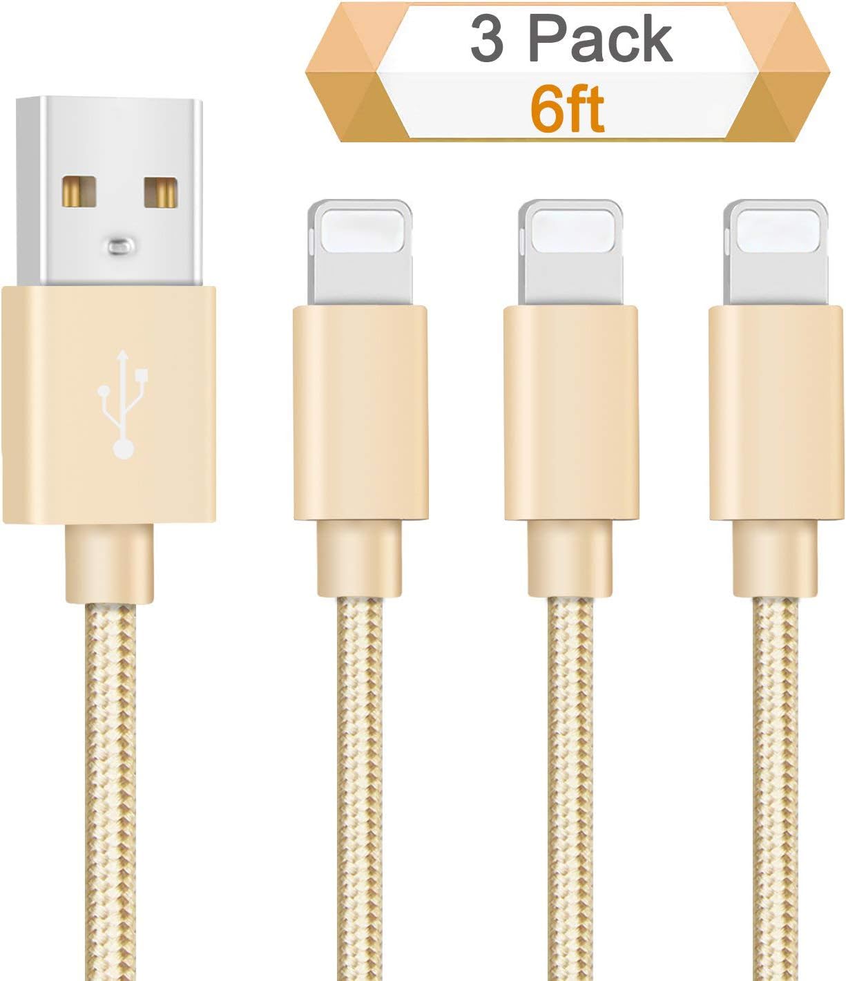 iPhone Charger, Quntis 3 Pack 6ft Durable Braided iPhone Lightning Cable Apple Charging USB Cord Compatible with iPhone 7 7 Plus 6S 6 Plus 6s 6 SE 5S 5C 5 iPad Air Mini iPod Nano 7 (Gold)