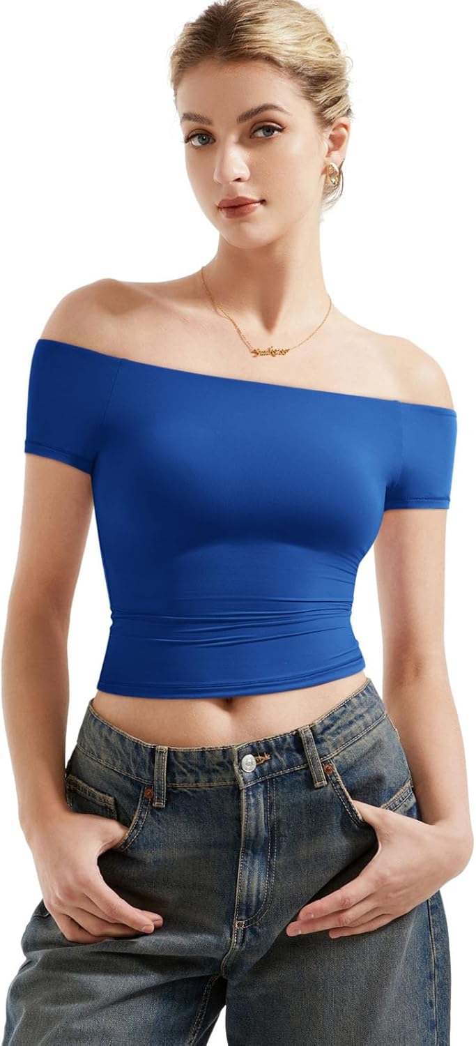 SUUKSESS Women Double Lined Off The Shoulder Tops Fitted Going Out Basic Shirts