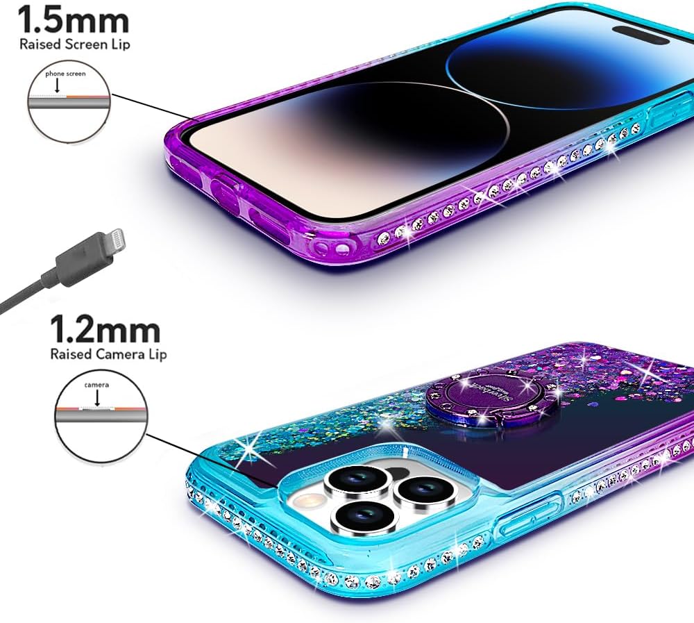 Silverback for iPhone 15 Pro Max Case with Ring, Moving Liquid Holographic Sparkle Glitter Case with Stand, Girls Women Bling Diamond Protective Case for iPhone 15 Pro Max 6.7'', Purple - Image 8